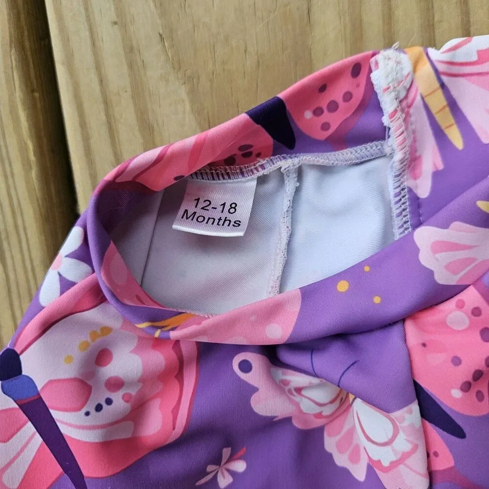 Baby Girl Butterfly Print One Piece Swimsuit & Hat Set 12-18M Ruffle Purple